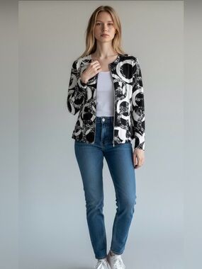 Joseph Ribkoff Black & White Circle-Print Zip Jacket